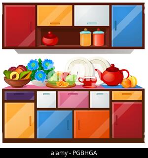 Colore armadio cucina, piatti e frutta fresca isolati su sfondo bianco. Vector cartoon close-up illustrazione. Illustrazione Vettoriale