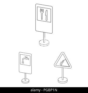 Diversi tipi di cartelli stradali delineare le icone nella raccolta di set per il design. Avvertenza e cartelli di divieto simbolo vettore illustrazione stock. Illustrazione Vettoriale