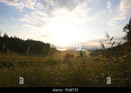 I campi, polvere e montagne Foto Stock