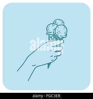 Gelato in mano tenendo cono di cialda con tre convogliatori illustrazione lineare in blu immagine vettoriale Illustrazione Vettoriale