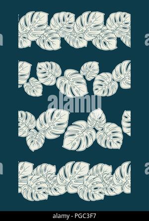 Monstera seamless divisore di confine set o raccolta di decorativo verticale ornamento di ripetizione in bianco e blu Illustrazione Vettoriale