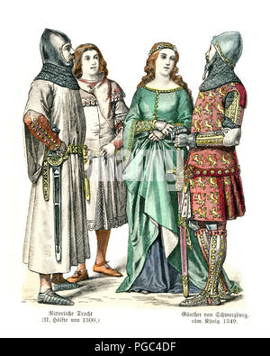 La moda medievale di Germania, cavalieri e dame, XIV secolo. Gunther von Schwarzburg (1304 - 14 giugno 1349), Re di Germania Foto Stock