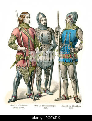 La moda medievale di Germania, Cavalieri inizi del XIV secolo. Conte Orlamunde, Conteggio Katzenellenbogen Heinrich zu Seinsheim Foto Stock