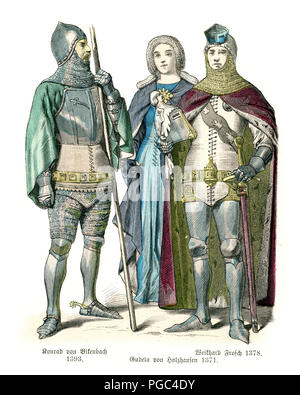 La moda medievale di Germania, cavalieri e Lady, XIV secolo. Conrad von Rikenbach, Gudela von Holzhausen e Weikhard Frosch Foto Stock