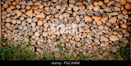 Materiale per il riscaldamento della casa. Preparazione della legna da ardere per l'inverno. sfondo di legna da ardere. Un mucchio di legna da ardere. Foto Stock