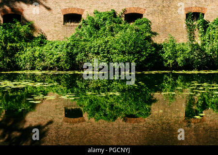 Berlino, Germania, 25 Luglio 2018: la Zitadelle di Spandau con la parete e cespugli riflessa nell'acqua del canale Foto Stock