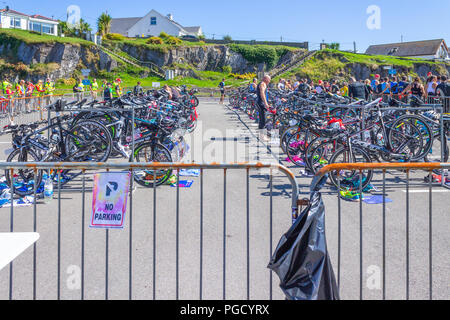 Area di transizione per un triathlon, West Cork, Irlanda. Foto Stock