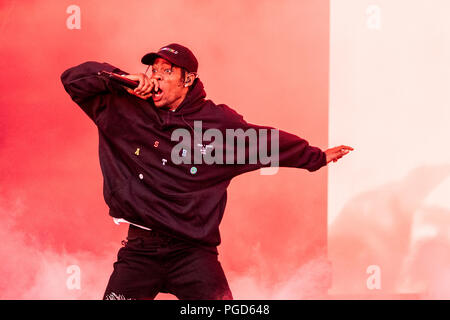 Travis Scott suona dal vivo sul palco del festival di Leeds, Regno Unito, 25 giugno 2018. Foto Stock