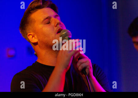 Gareth Barrow, cantante della band Lavengro effettuando in corrispondenza di Derryâ€™s centro nervoso, Irlanda del Nord. Foto Stock