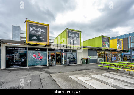 Christchurch, Nuova Zelanda - 21 Gennaio 2018: contenitore Christchruch mall con shoppes in un giorno nuvoloso Foto Stock