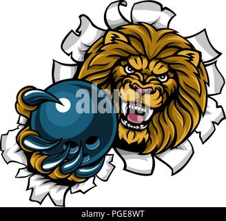 Lion tenendo palla da bowling sfondo di rottura Illustrazione Vettoriale