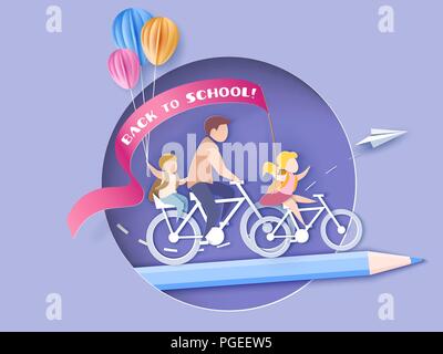 Si torna a scuola 1 settembre il card. I bambini in bicicletta con palloncini di aria nel foro rotondo. Carta tagliata stile. Illustrazione Vettoriale Illustrazione Vettoriale