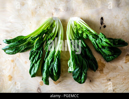 Una testa di tatsoi (Brassica rapa subsp. narinosa), Aka rosette cavolo cinese o cucchiaio di senape, mostrato in sezione trasversale contro un burl-Sfondo legno. Foto Stock