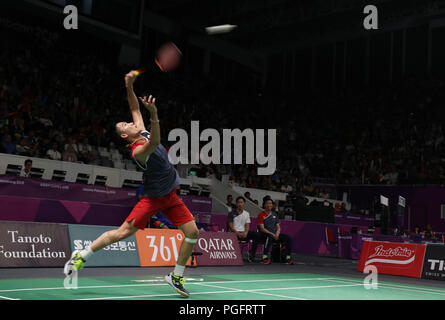 Jakarta, Indonesia. 25 Ago, 2018. Kento Momota (JPN) Badminton : Uomini Singoli Round 16 a Anthony Sinisuka Ginting durante il 2018 Jakarta Palembang giochi asiatici in Jakarta, Indonesia . Credito: AFLO/Alamy Live News Foto Stock