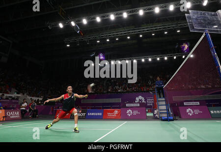 Jakarta, Indonesia. 25 Ago, 2018. Kento Momota (JPN) Badminton : Uomini Singoli Round 16 a Anthony Sinisuka Ginting durante il 2018 Jakarta Palembang giochi asiatici in Jakarta, Indonesia . Credito: AFLO/Alamy Live News Foto Stock