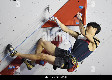 Palembang, Indonesia. 26 Ago, 2018. Chon Jongwon della Corea del Sud compete durante gli uomini finale combinata di arrampicata sportiva al XVIII Giochi Asiatici a Palembang, Indonesia, Agosto 26, 2018. Credito: Cheng Min/Xinhua/Alamy Live News Foto Stock