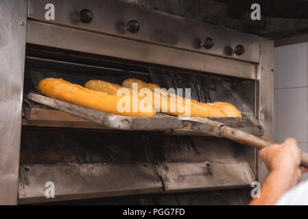 Baker tenendo fuori pane fresco dal forno industriale Foto Stock