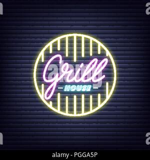 Grill House. Grill House insegna al neon. Il Neon incandescente insegna progettazione banner Illustrazione Vettoriale