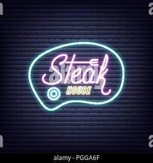 Steak house. Steak house insegna al neon. Il Neon incandescente insegna progettazione banner Illustrazione Vettoriale