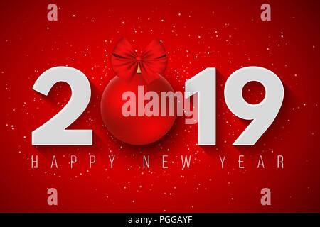 Felice anno nuovo 2019. Banner di festa per il vostro progetto. I fiocchi di neve su un sottofondo rosso. I numeri di carta con un nuovo anno di giocattolo. Illustrazione Vettoriale. Illustrazione Vettoriale