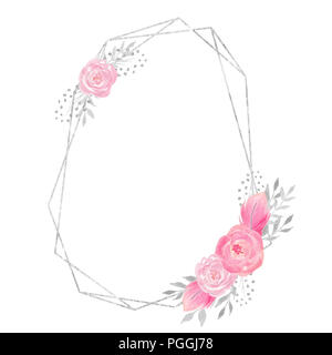 Acquerello telaio poligonale frontiera con la decorazione floreale con rose, foglie, piume, fiori e rami. Acquerelli di cornice per il vostro design. Perfetto Foto Stock