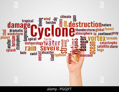 Il ciclone, word cloud e la mano con il concetto di marcatore su sfondo bianco. Foto Stock