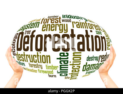 La deforestazione word cloud sfera mano concetto su sfondo bianco. Foto Stock