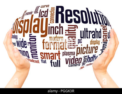 Risoluzione di visualizzazione word cloud sfera mano concetto su sfondo bianco. Foto Stock