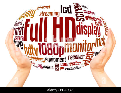 Full HD, word cloud sfera mano concetto su sfondo bianco. Foto Stock