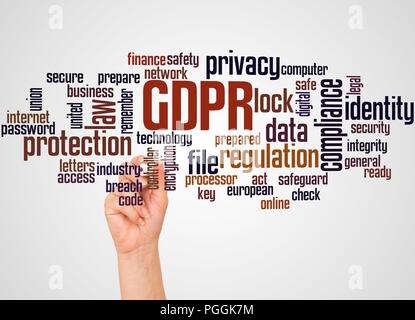 Generale sulla protezione dei dati (regolamento il PILR) word cloud e la mano con il concetto di marcatore sul gradiente dello sfondo. Foto Stock