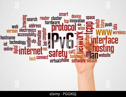 Rete IPv6 word cloud e la mano con il concetto di marcatore su sfondo bianco. Foto Stock