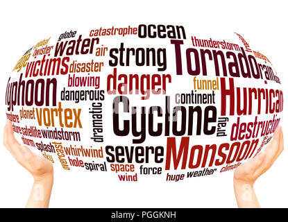 Monsoon Tornado tifone ciclone uragano word cloud sfera mano concetto su sfondo bianco. Foto Stock