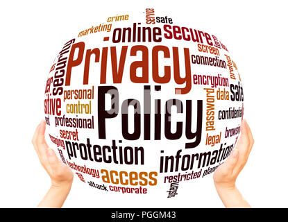 Politica sulla privacy parola sfera cloud concetto su sfondo bianco. Foto Stock