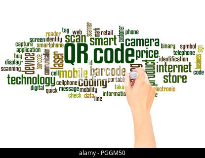 Codice QR cloud di parola la scrittura a mano concetto su sfondo bianco. Foto Stock