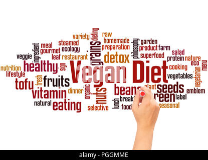 Dieta vegana word cloud e la scrittura a mano concetto su sfondo bianco. Foto Stock