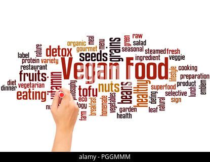 Cibo Vegan word cloud e la scrittura a mano concetto su sfondo bianco. Foto Stock