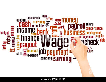 Bonus salariale word cloud e la scrittura a mano concetto su sfondo bianco. Foto Stock