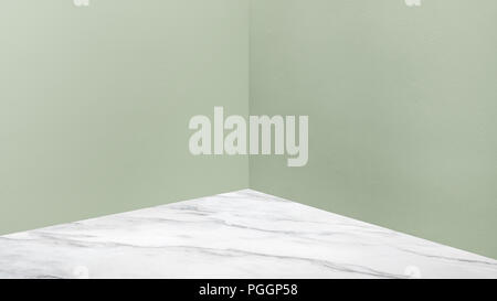 Angolo vuoto verde pallido muro di cemento e pavimento di marmo bianco in prospettiva,camera stile moderno camera,Mock up per la visualizzazione del prodotto,la presentazione aziendale Foto Stock
