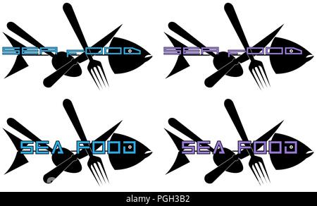 Silhouette di pesce con coltello, forchetta e cucchiaio seafood minimalismo logo arte Illustrazione Vettoriale