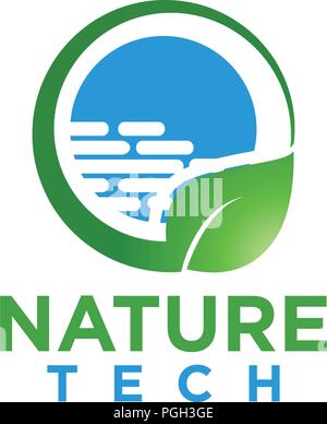 La natura della foglia e tech logo del modello di progettazione Illustrazione Vettoriale