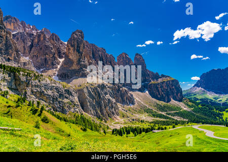 Paesaggio di montagna delle Dolomiti sul Passo Gardena con la strada di montagna passando attraverso la collina erbosa e il campo dei fiori in Alto Adige, Italia Foto Stock