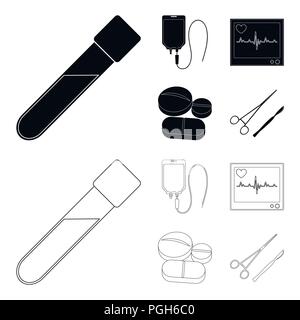 Organo di electro, tromba, tamburello, stringa di chitarra. Strumenti musicali set di icone di raccolta in nero,Outline stile simbolo vettore illustrazione stock . Illustrazione Vettoriale