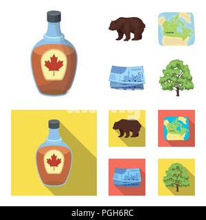 Dollaro Canadese, mappa del territorio e altri simboli del paese.Canada set di icone di raccolta in cartoon,stile piatto simbolo vettore illustrazione stock . Illustrazione Vettoriale