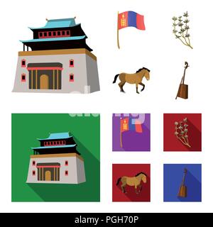 Bandiera nazionale, cavallo, strumento musicale, impianto di steppa. Mongolia set di icone di raccolta in cartoon,stile piatto simbolo vettore illustrazione stock . Illustrazione Vettoriale