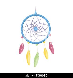 Dream Catcher con piume.Hippy unica icona in stile cartoon simbolo vettore illustrazione stock . Illustrazione Vettoriale