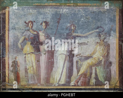 Apollo con le ninfe rappresentato in affresco Romano datato dal I secolo a.c. in mostra al Museo Archeologico Nazionale (Museo Archeologico Nazionale di Napoli) in Napoli, campania, Italy. Foto Stock