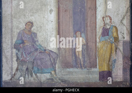 Parigi e Helen rappresentato in affresco Romano dalla casa di Jason (casa di Giasone) in Pompei (20-25 AD), ora esposti nel Museo Archeologico Nazionale (Museo Archeologico Nazionale di Napoli) in Napoli, campania, Italy. Parigi è raffigurato seduto in attesa il premio promesso a lui da Afrodite e il cupido sulla porta della camera punti Helen a lui, chiedendogli di prendere il passo che porterà alla guerra di Troia. Foto Stock