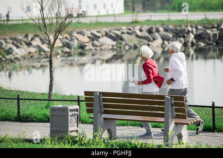 Vista laterale ritratto di active coppia senior in esecuzione nel parco lungo il lago, spazio di copia Foto Stock