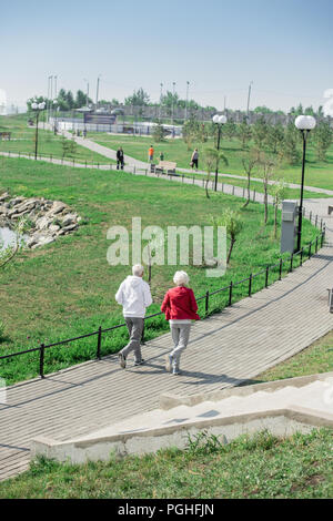 Angolo di alta vista posteriore ritratto di active coppia senior in esecuzione insieme nel parco, spazio di copia Foto Stock