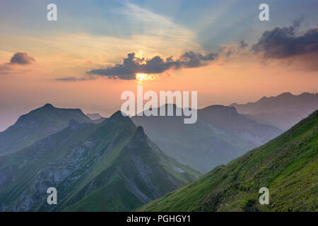 Allgäuer Alpen: tramonto al vertice di montagna Nebelhorn, vista dal vertice Laufbacher Eck, Schwaben, Algovia, Svevia, Baviera, Baviera, Germania Foto Stock